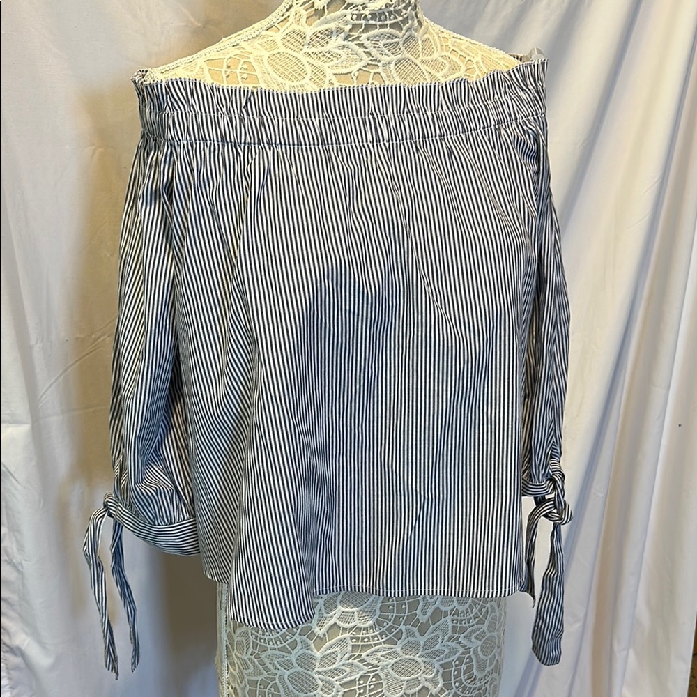 American Eagle Outfitters Blue and White Striped Off the Shoulder Top